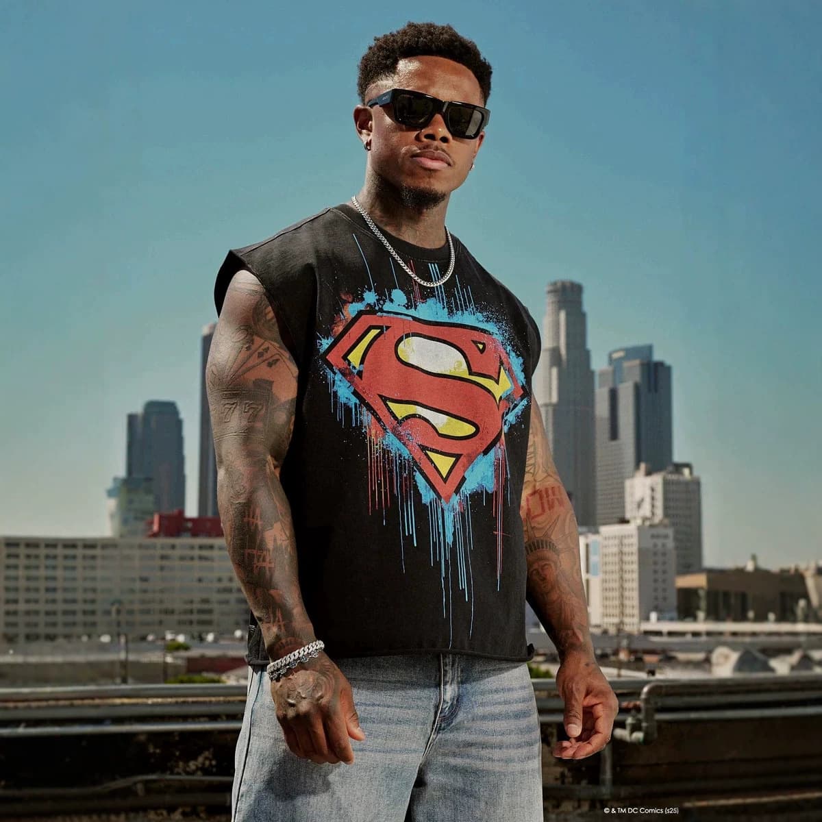 YOUNGLA co-branded Superman theme print men's oversized T-shirt sports fitness loose cotton vest