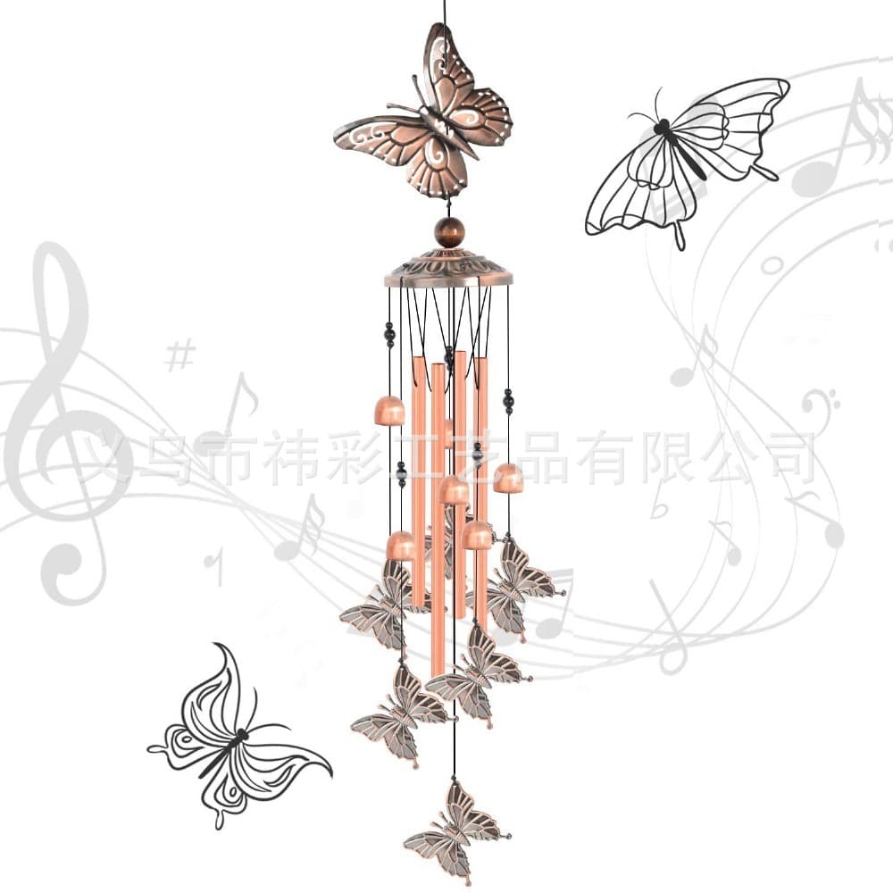 Amazon Hot Sale Butterfly Red Copper Bell Wind Chimes Hanging Ornaments European and American Garden Home Decoration Music Metal Wind Chimes Pendant