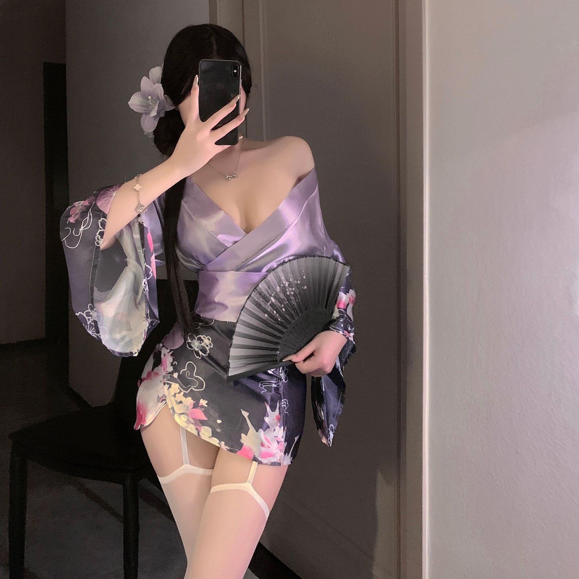 Zhuijiao Large Size Lingerie Sexy Sheer Butterfly Knot 2D Japanese Print Kimono Pure Desire No-Remove Nightwear