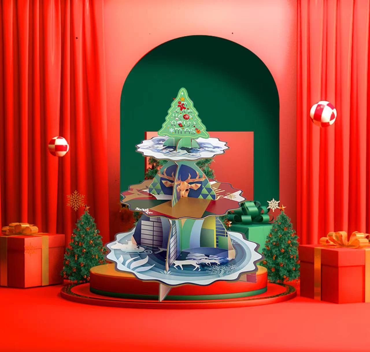 Christmas Party Multi-Layer Paper Cake Stand Foldable Three-Tier Cake Tray Party New Product 3D Display Stand