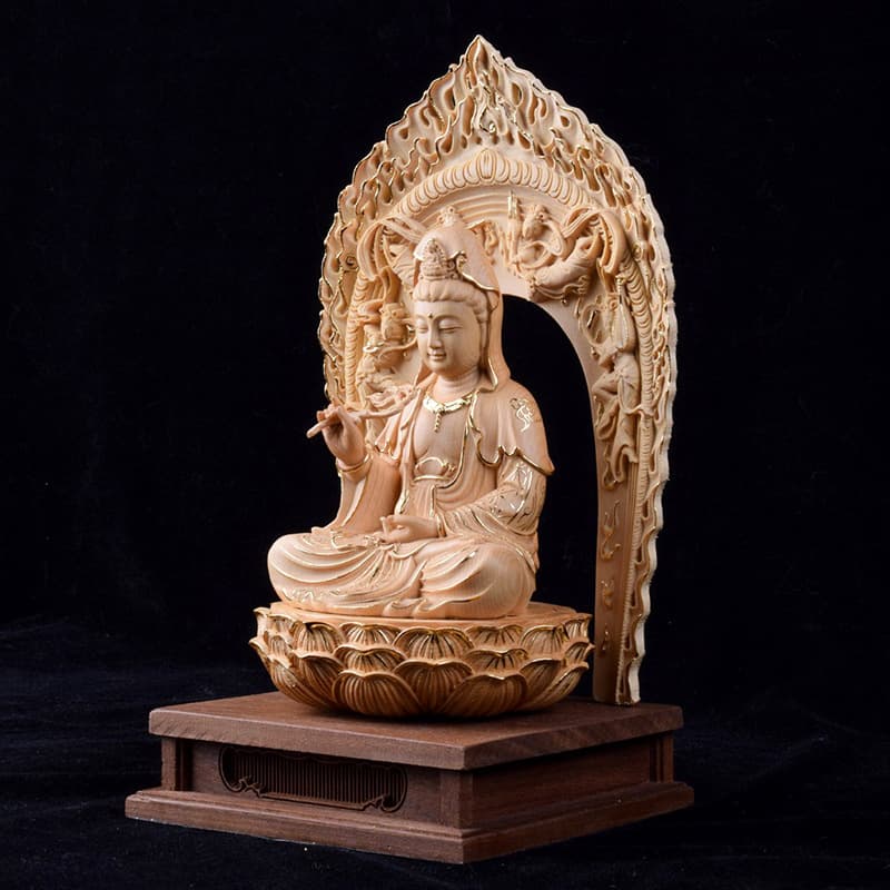 Hinoki Wood Carving of the Three Saints of Saha World, Solid Wood Sculpture of Guanyin Bodhisattva, Home Living Room Entryway Decorative Craft Gift