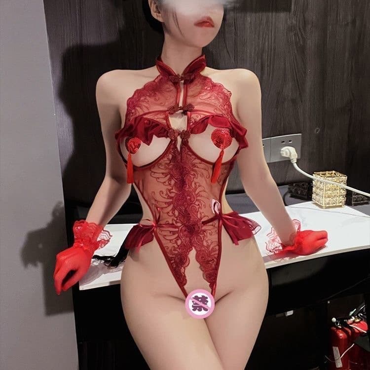 Plus Size Lingerie Breast-Revealing Three-Point Women Temptation Sexy No-Removal Uniform Transparent Bodysuit Cheongsam Midnight Charm