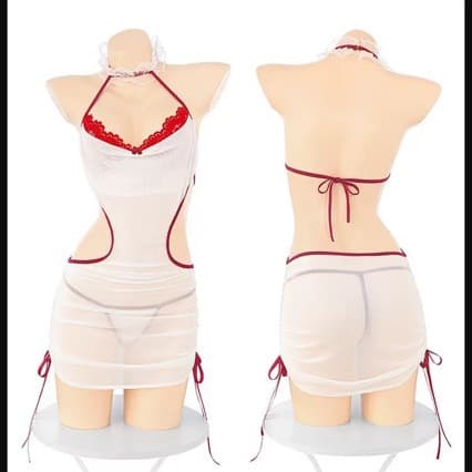 Nurse Lingerie Sexy Deep V Lace Ruffle Halter Pure Desire Role-Play Waist Hollow Out Uniform Set