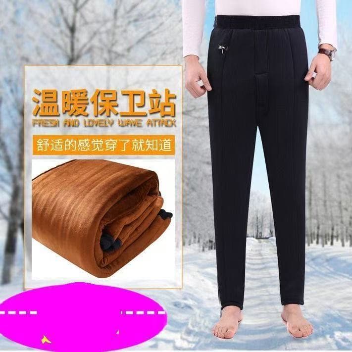 Thick winter cotton trousers for middle-aged men, stretchy, high-waisted, deep-crotch, camel hair cotton trousers for seniors, winter fleece-lined and thickened.
