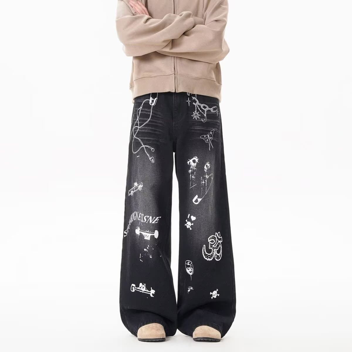 Tuya Hand-Painted Washed Distressed Denim Jeans for Men Autumn Streetwear High Street Loose Wide Leg Flared Casual Versatile Long Pants