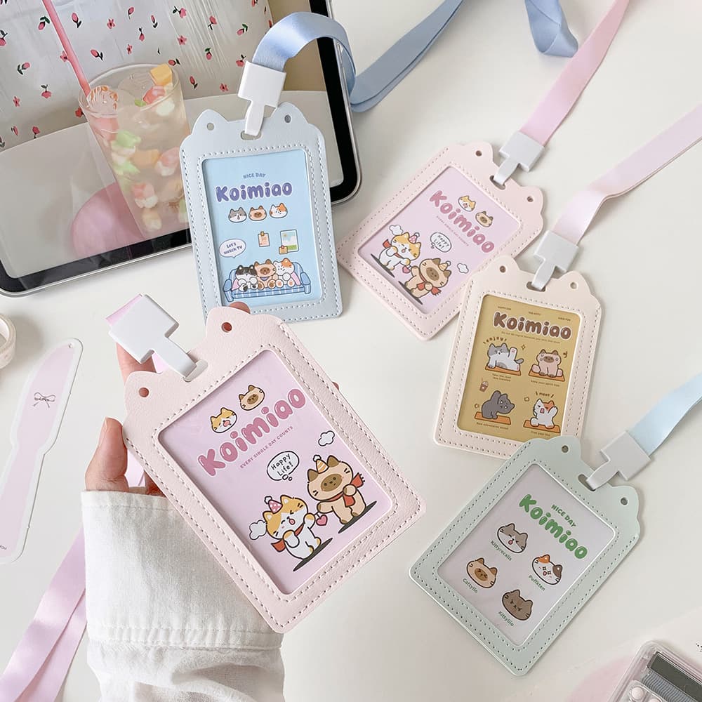 Hisocute Cartoon Cat Card Holder PU ID Card Case, Idol Photo Card, Polaroid, Campus Meal Card Lanyard Protective Cover