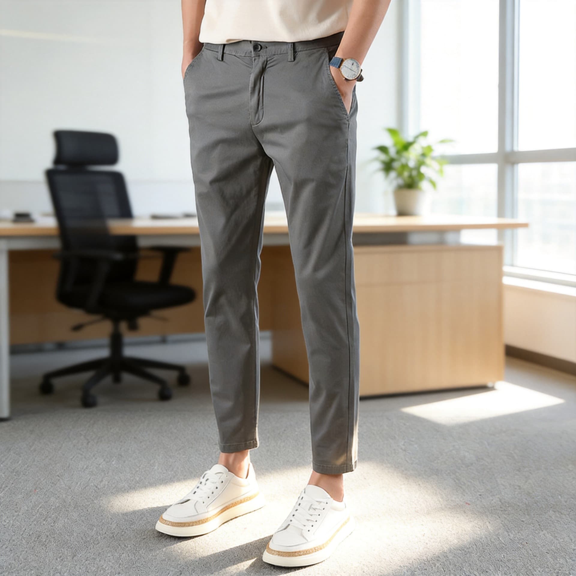 Men's Spring/Summer Casual Pants, Slight Stretch Cotton, Multi-Color, Commuter Office Straight Leg, Height-Enhancing Versatile Ankle-Length Thin Style C02B