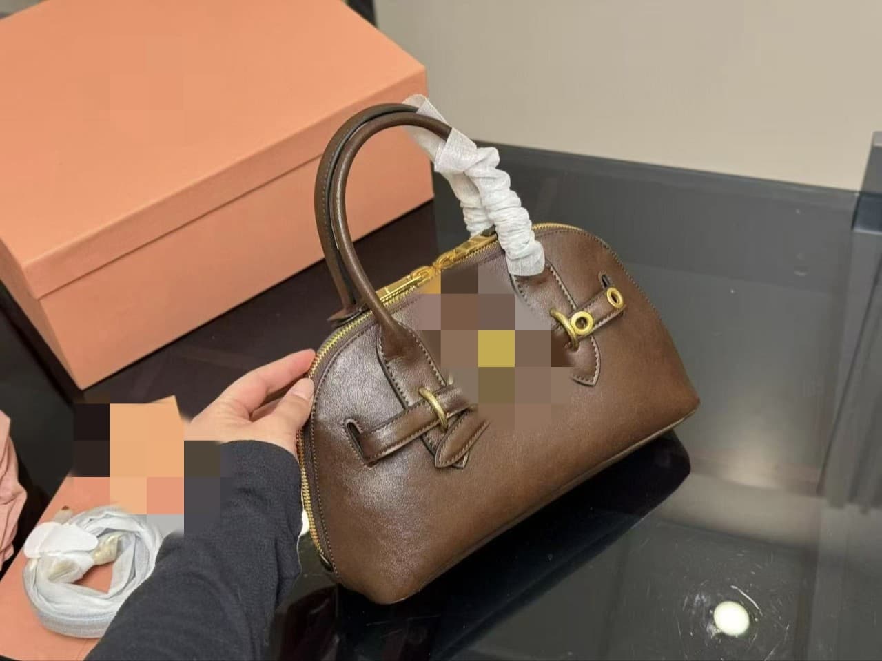 Miu's Top Layer Vegetable-Tanned Sheepskin Shell Bag, Genuine Leather Women's Bag, Vintage Bowling Bag, Shoulder Crossbody Handbag for Women