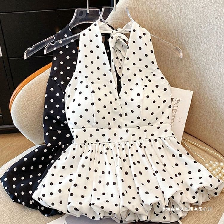 Sexy Halter V-Neck Polka Dot Camisole for Women Summer Going Out Waist-Cinching Backless Peplum Hem Top