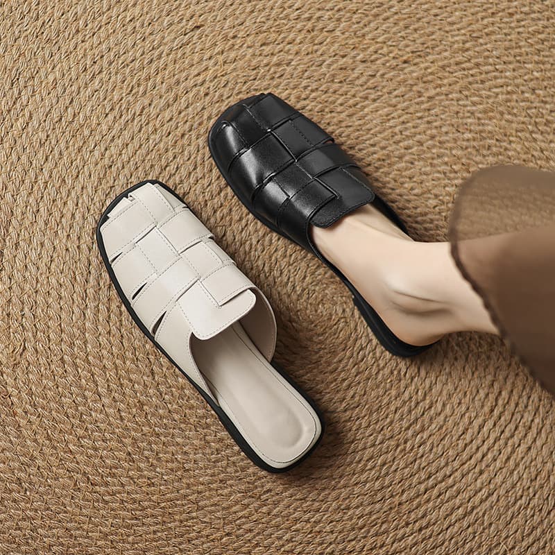 34-43 Closed-Toe Flat Slide Sandals Women Outdoor Retro Woven Hollow Belt Buckle Women Sandals Cross-border Women Shoes