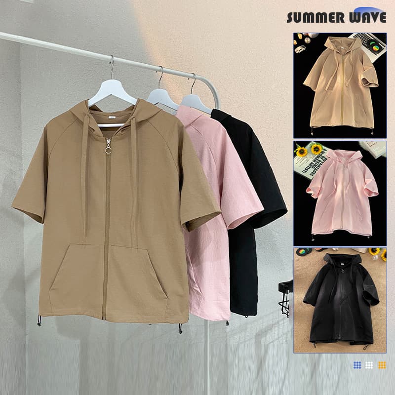 New Summer Fashion Couple Hooded Short Sleeve Zip-Up Casual Sun Protection Jacket, Versatile American Street Style