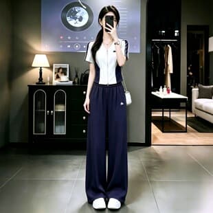 New Summer European Style Casual Sportswear Set for Women, High-End Short Sleeve Top with Wide-Leg Pants, Two-Piece Set