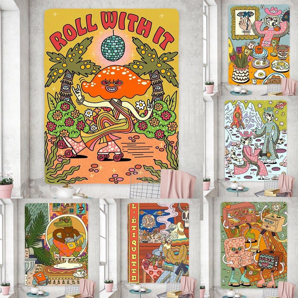 Amazon tapestry cartoon mushroom hippie hanging cloth cross-border foreign trade background cloth wall cloth European and American decorative tapestry