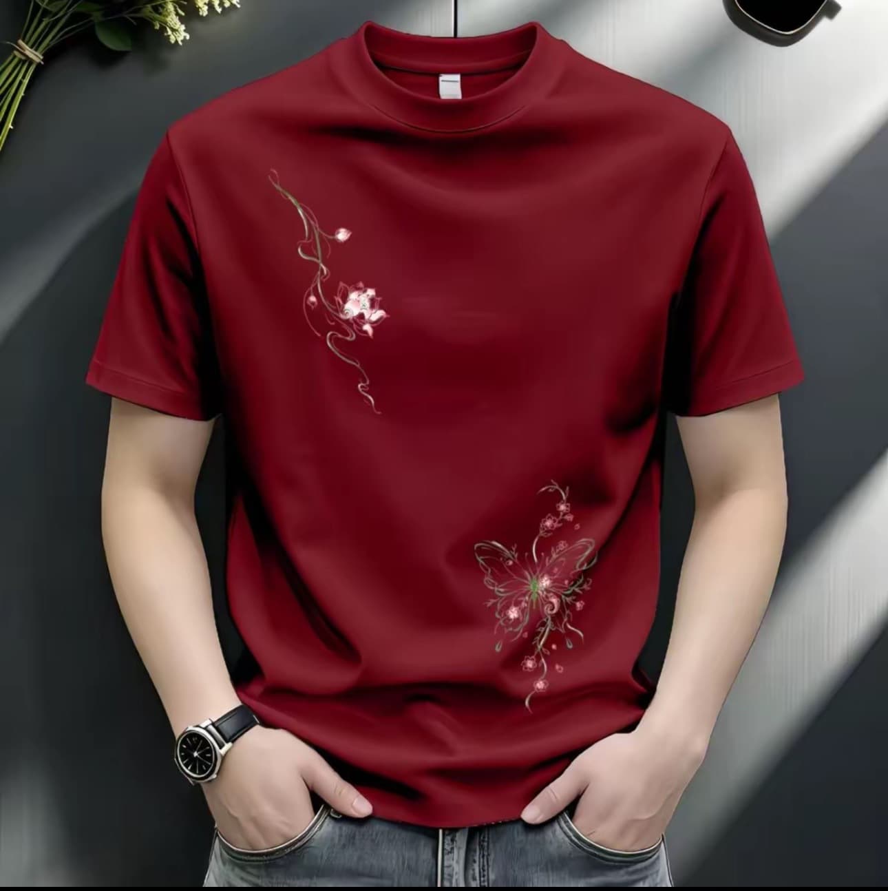 New Cotton Lotus Print Streetwear Slim Fit Regular Shoulder T-Shirt Versatile Casual Hot Summer Short Sleeve Men's Comfortable Top