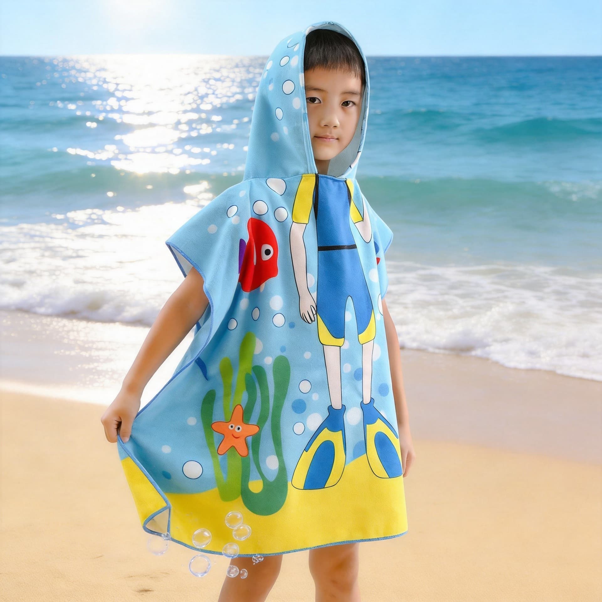Children's Bath Towel Microfiber Swim Wearable Absorbent Summer Printed Hooded Quick-Dry Beach Towel for Boys and Girls
