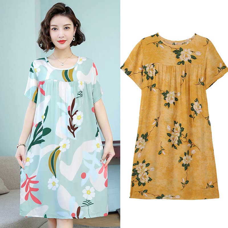 Short-Sleeved Cotton Silk Nightgown for Middle-Aged and Elderly Women, Summer Loose Pajama Dress, Women's Homewear Dress