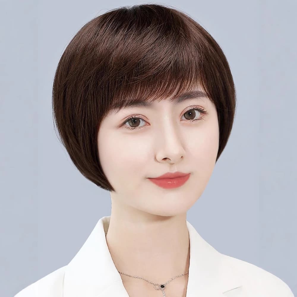 Wig female short hair full headgear real hair middle-aged and elderly short bob straight hairstyle realistic mother style wig headgear