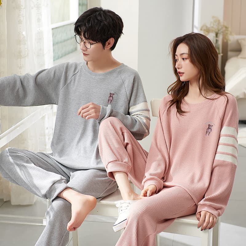 Couple Pajamas Women Spring Autumn Waffle Long Sleeve Korean Sweet Casual Men Women Plus Size Homewear Set