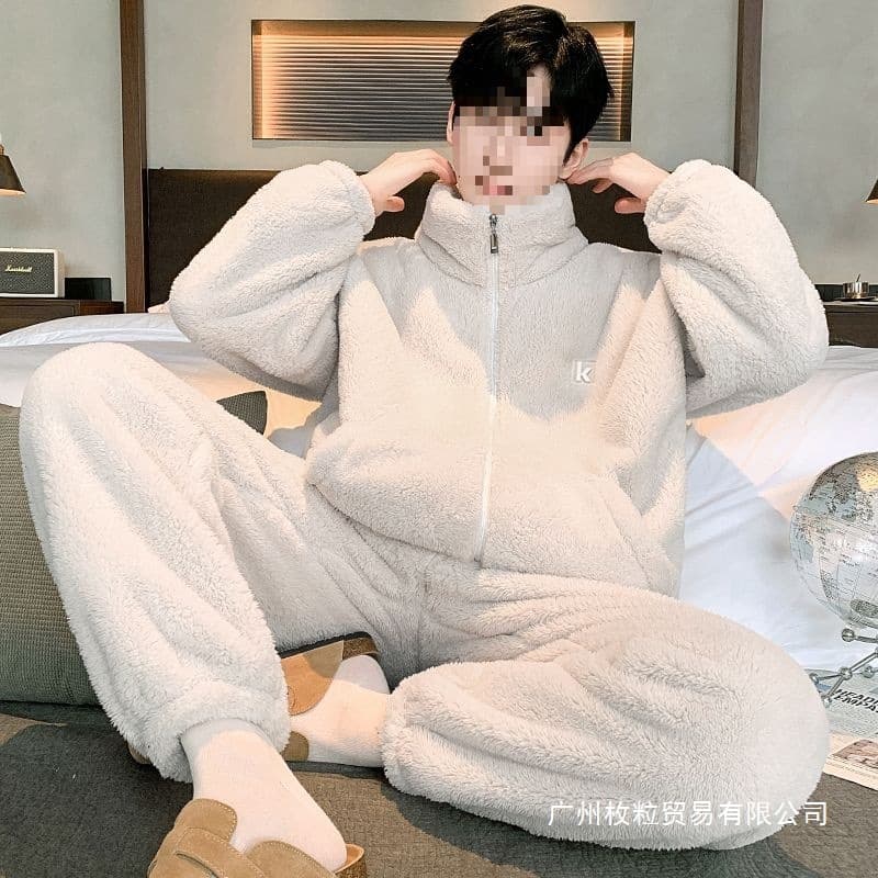 Snowflake Fleece Homewear Set, Flannel Pajama Set, Coral Fleece Wearable Blanket, Plus Size Loose Warm Fleece Men's Winter