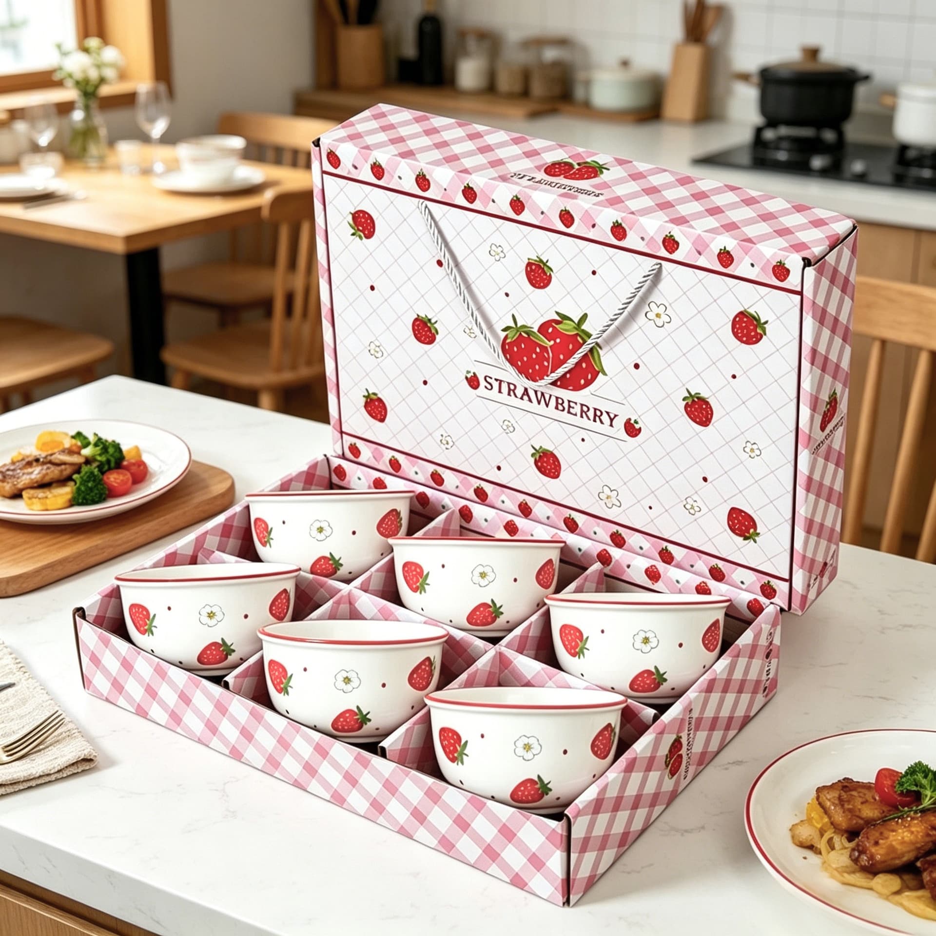 Strawberry Pattern Dinnerware Set High-Appearance Ceramic Rice Bowl Corporate Event Custom Logo Gift Bowl Wholesale for Employees and Clients