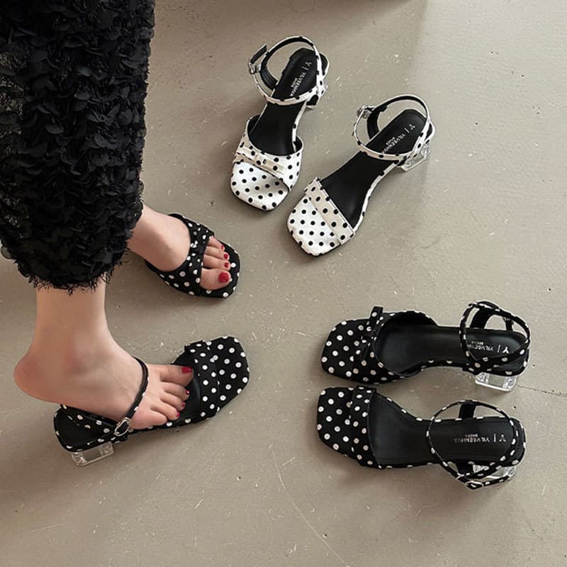 Polka Dot Bow High Heel Open Toe Sandals Women 2026 New Spring Summer Dress Match Chunky Heel Roman Crystal Shoes