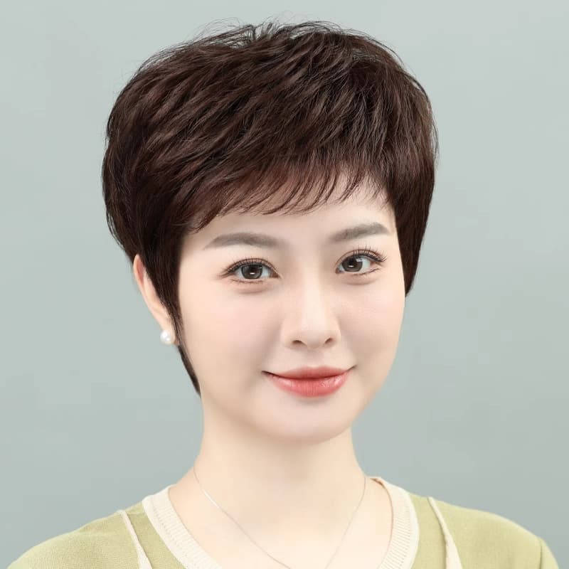 Wig for Middle-Aged Women Real Hair Full Cap Short Natural Real Human Hair Daily Full Wig Real Hair Strands