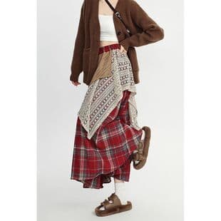 Cross-Border Vintage Plaid Wool Skirt Women Autumn Winter High Waist Slim Irregular A-Line Maxi Skirt
