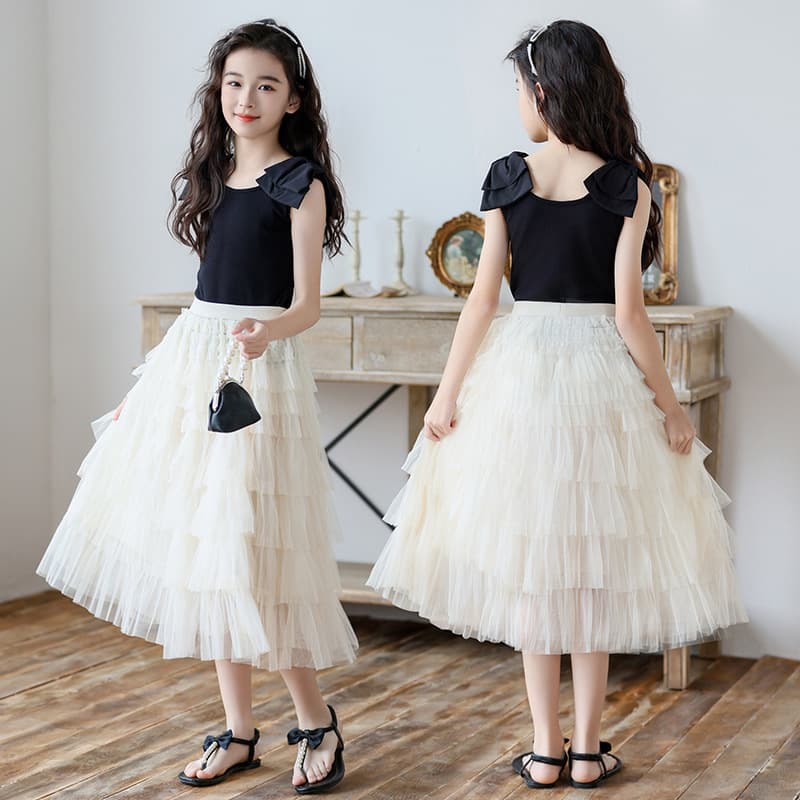 Middle-aged and older girls' skirt summer cake skirt 2024 new children's vest T-shirt + mesh skirt two-piece set