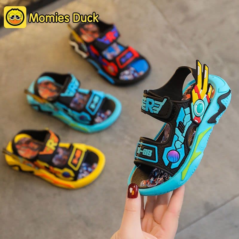 2024 New Boys' Sandals Korean Style Soft Sole Cool Mecha Cartoon Outdoor Beach Sandals for Toddler Kids