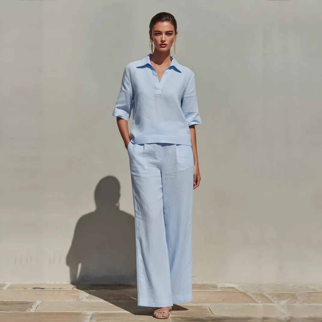 2026 Cross-border EU/US Amazon Independent Site V-Neck Short Sleeve High-Waist Wide-Leg Pants Classic Vacation Style Women's Set