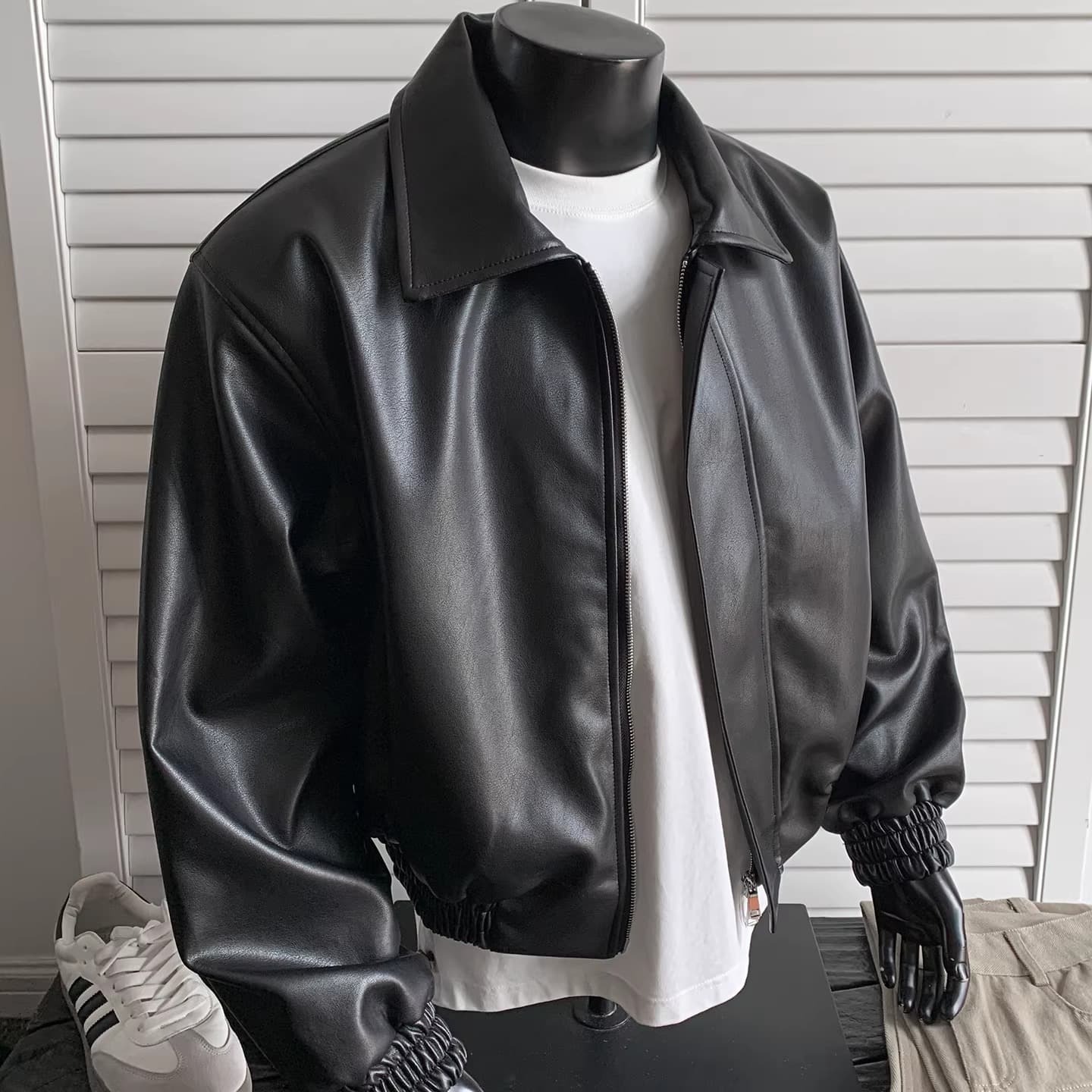 Black PU Leather Padded Shoulder Short Leather Jacket for Men, Fall/Winter High-End Warmth Turn-Down Collar American Boxy Zip-Up Coat