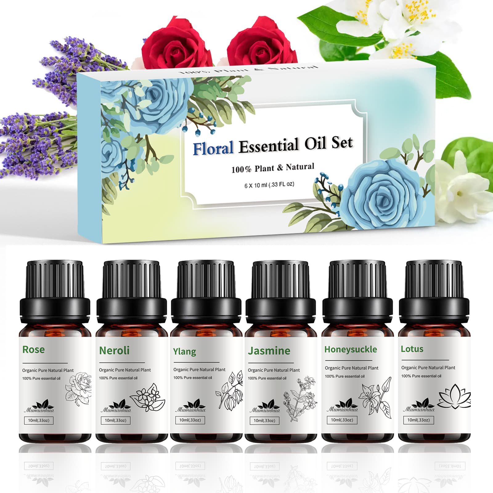 Export 6-Piece Set Plant Single Note Essential Oil Floral Scent Collection, Rose Aromatherapy Car Diffuser, Skin Care Massage Oil Wholesale Samples