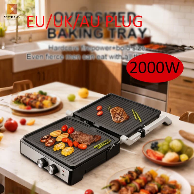 Large size steak machine can be laid flat and heated. Panini machine. High-power sandwich machine. Knob temperature control grill.