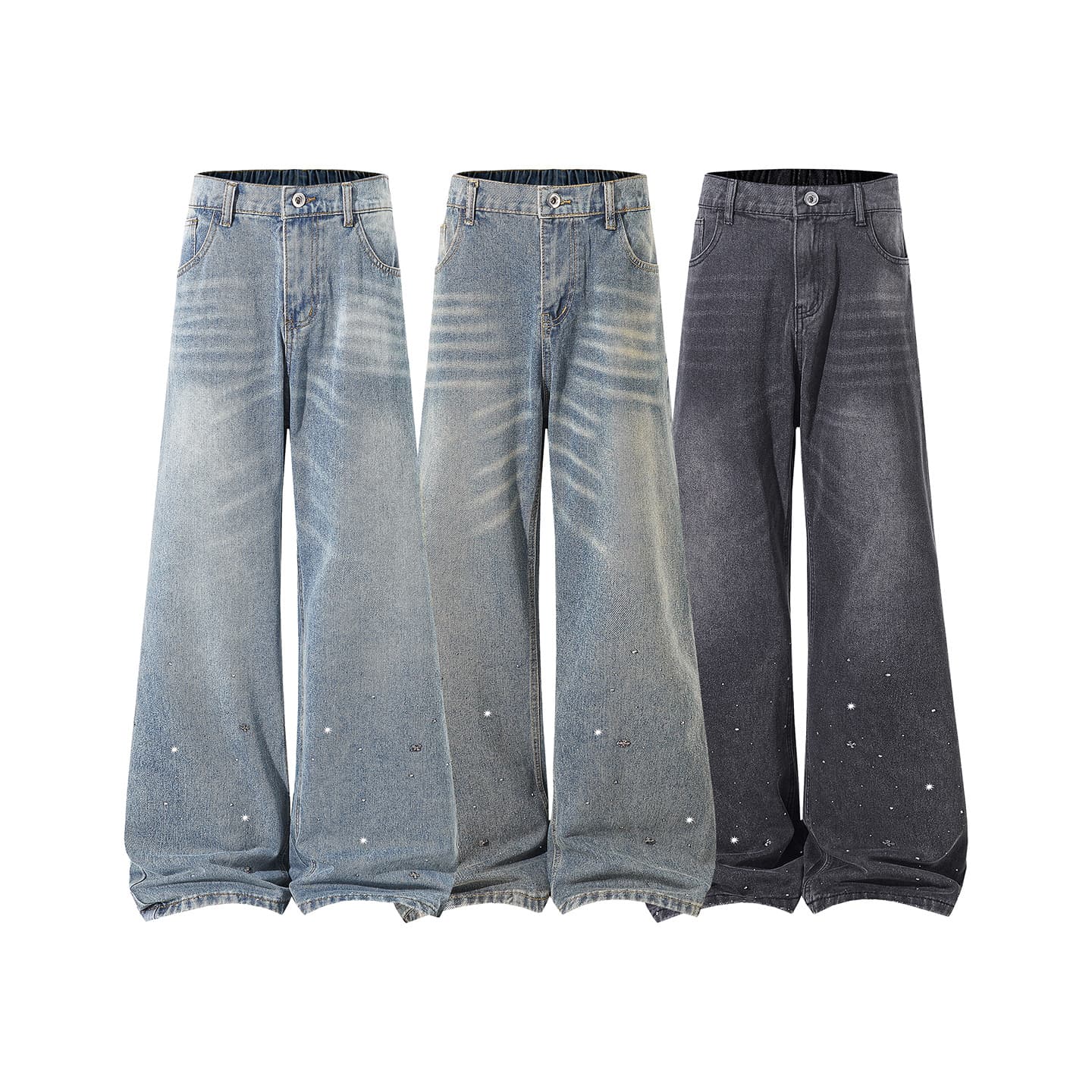 New American Retro Rhinestone Wide-Leg Jeans for Men, Xintang Washed Relaxed Drape High-Street Straight-Leg Long Pants
