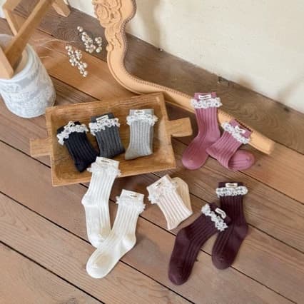 Socks for women spring and autumn bow accessories fungus lace pile socks ins trendy Korean style boneless mid-calf cotton socks