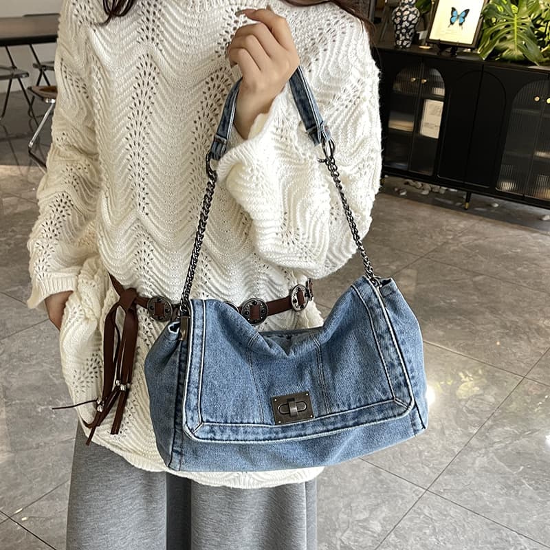 Cross-border Denim Bag for Women 2025 Summer New Fashion Chain Bag Large Capacity Tote Bag Shoulder Crossbody Bag