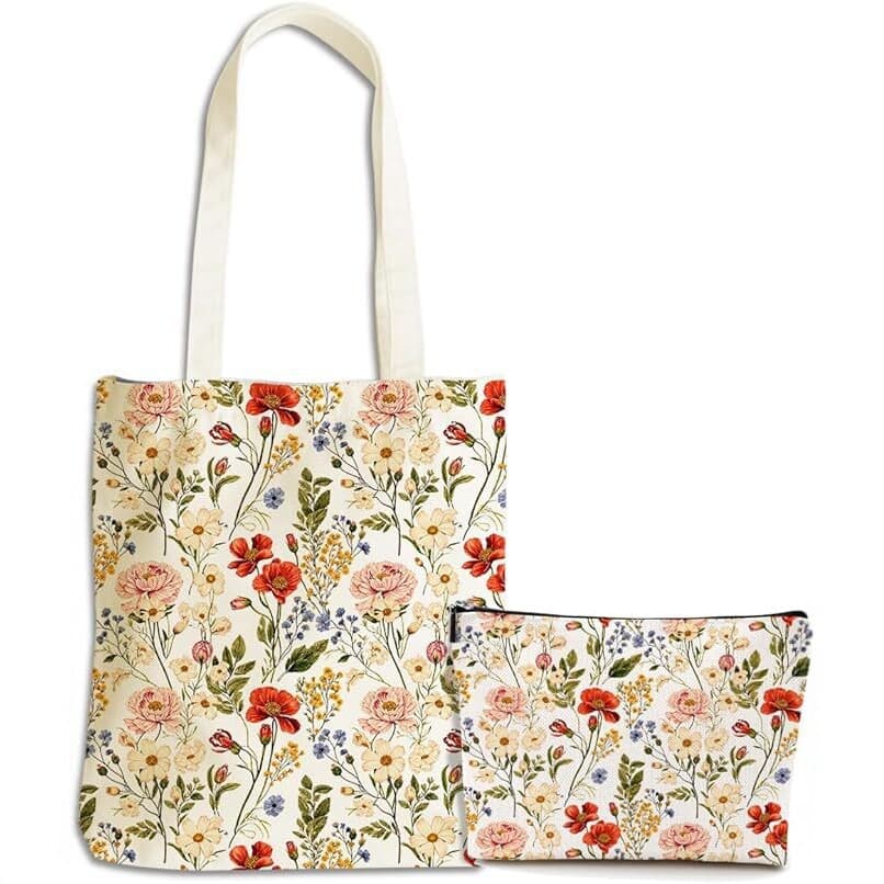 New floral canvas bag women's handbag literary and fresh tote bag with cosmetic bag set