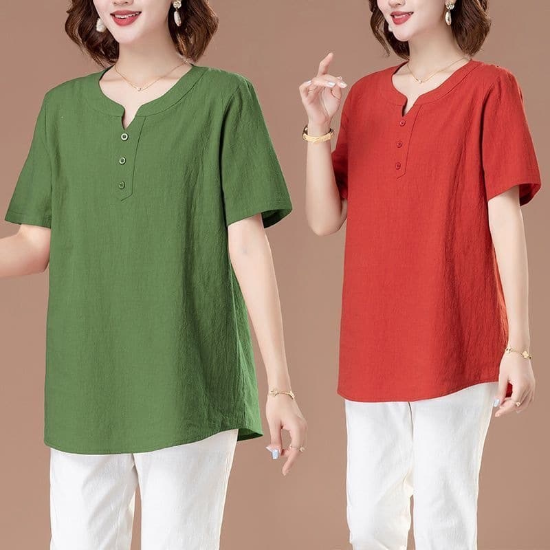 Nuanfenglai Plus Size Short Sleeve Linen Shirt for Women, Middle-Aged Mother Casual Tunic Top, Cotton-Linen Blouse