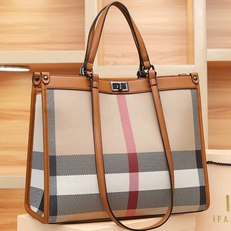 Genuine leather plaid handheld tote bag for women 2025 new summer fashion large capacity high-end shoulder commuter bag