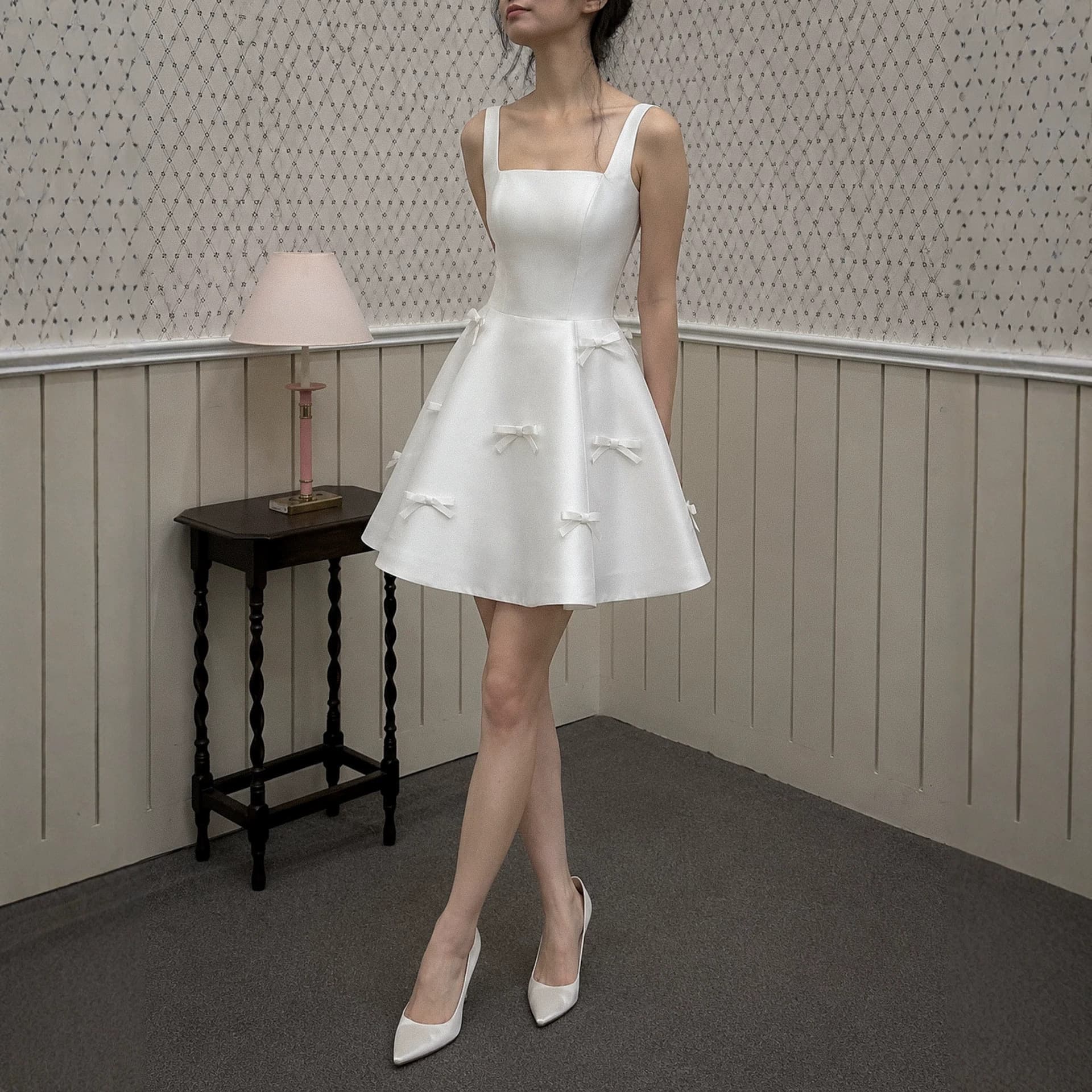 French Light Wedding Dress Mikado Satin Square Neck Short Bow Petite Piano Performance Vintage Mini Dress Women