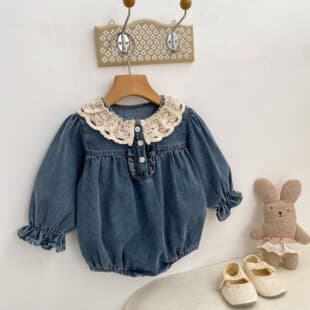 Spring/Autumn Baby Girls Long-Sleeve Denim Dress Romper Princess Bodysuit for 0-2 Years