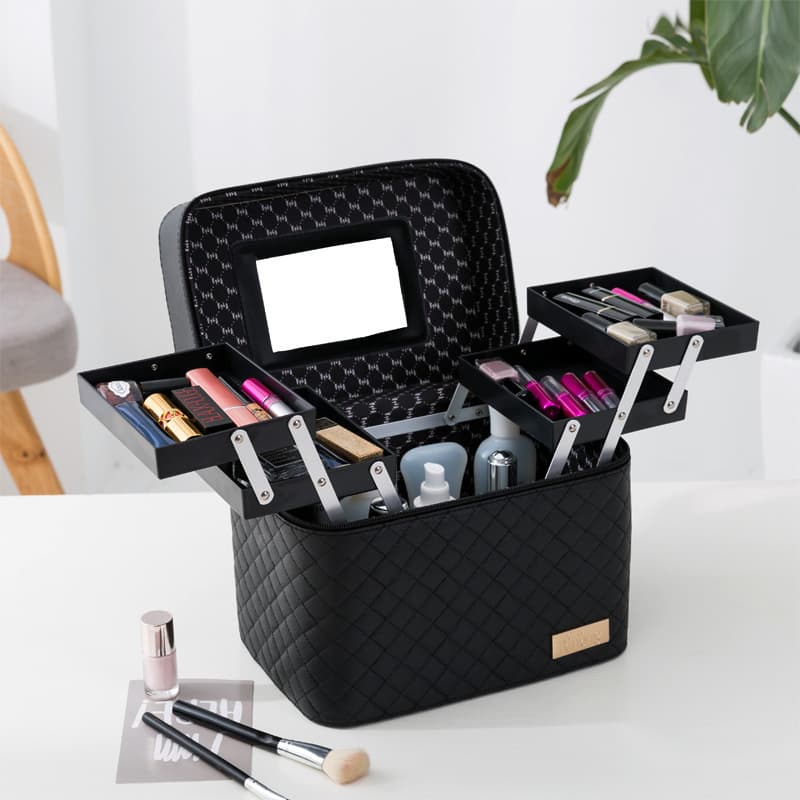 Honglan Manufacturer Handheld Double-Layer Tray Cosmetic Case Travel Essentials Simple Cosmetic Storage Box Makeup Bag Wholesale