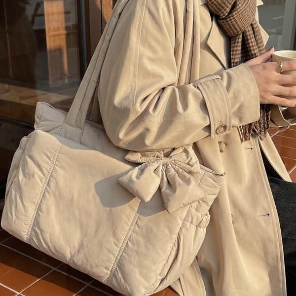 Bow Quilted Tote Bag for Women Solid Color Versatile Underarm Shoulder Bag Women's Large Capacity Commuter Handbag Laptop Bag