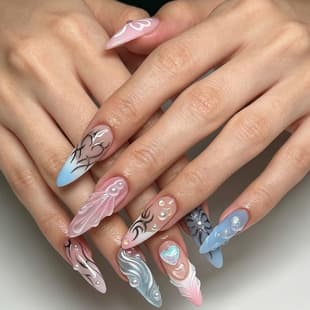Hot Selling 24-Piece 3D Embossed Pearl Heart Aurora Sweet Long Almond Press-On Nails Wholesale