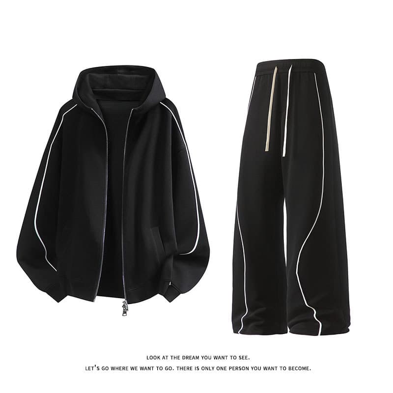 Contrast color line splicing sports suit for men, autumn and winter new American hooded sweatshirt, casual sweatpants, couple's two-piece set