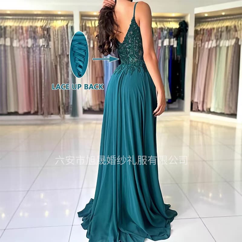 New Foreign Trade Strappy V-Neck Evening Dress European and American Lace Applique Ball Gown Elegant Banquet Dress