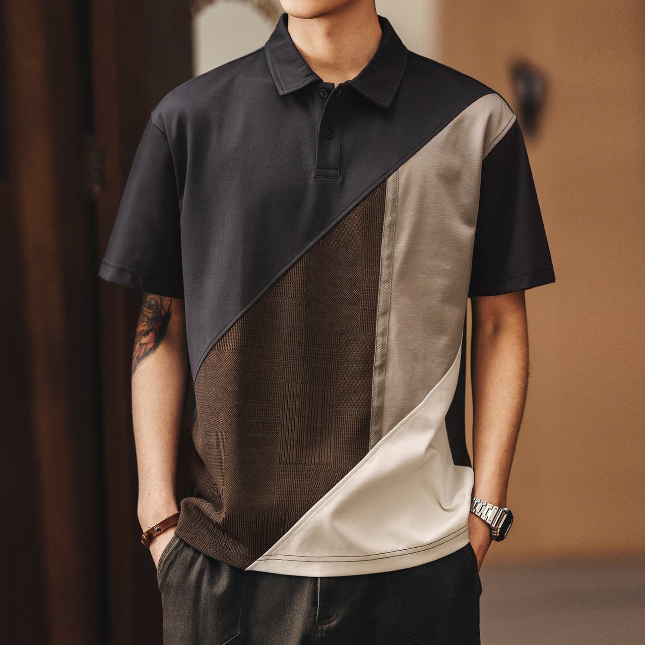 High-End American Heavyweight Contrast Color Block Polo Shirt for Men, Summer Fashion Brand Short Sleeve Casual Top