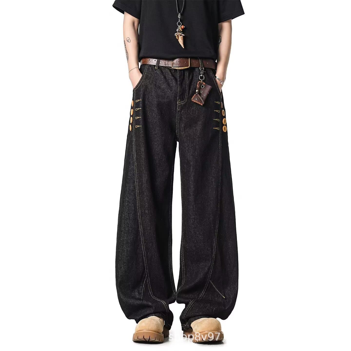 American button-down boys' jeans for men and women in the same style summer scimitar loose wide-leg high street straight pants
