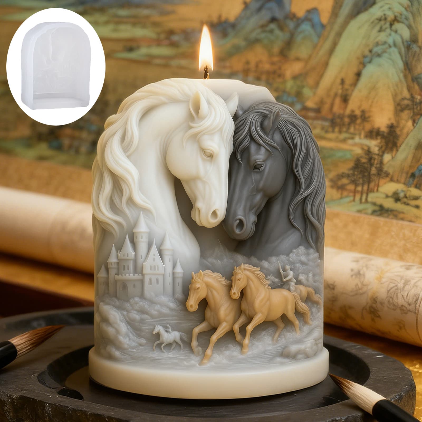 Sanxin 3D Relief Horse Castle Silicone Mold DIY Handmade Soap Resin Plaster Candle Mold