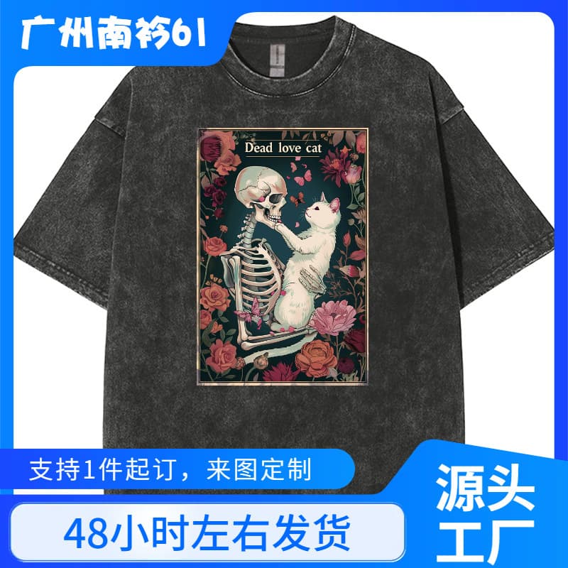Y2K Cartoon Anime Washed T-Shirt American Hip Hop Skull Graphic Cat Print T-Shirt European Vintage Style